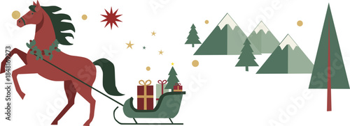 Festive horse pulling sleigh with christmas gifts