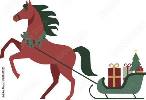 Festive horse pulling christmas sleigh