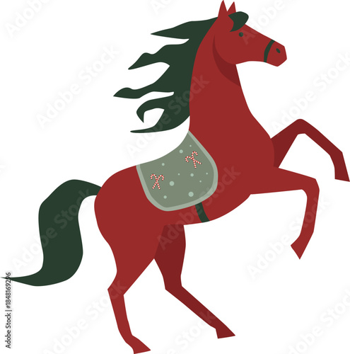 Festive rearing red horse with winter and mountain elements