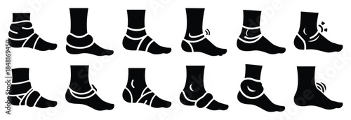 set of sprained ankle silhouette icon vector illustration isolated on white background