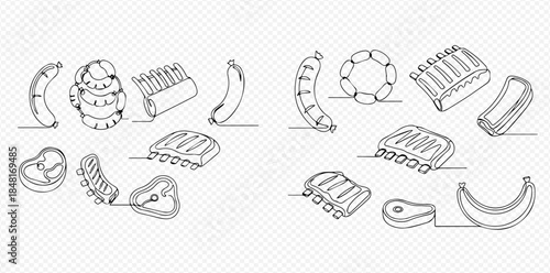 Continuous line drawing of various meat products including sausages, ribs, and steaks on a transparent background.