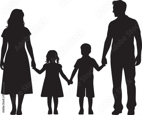 Family icon Silhouette parents with children. Woman, man and two kids holding hands. Mother, father, son and daughter. Vector illustration isolated on white background
