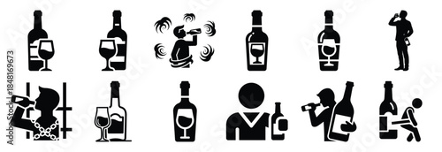 set of alcohol addiction silhouette icon vector illustration isolated on white background