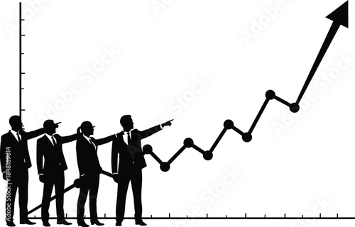 Team of business professionals pointing towards a rising graph, symbolizing success and growth.