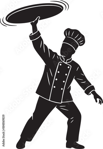 Pizza Chef Spinning Large Dough Disc High Hand Tossed Silhouettes isolated on white background