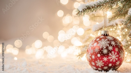 Christmas tree decorated with toys and snow on a blurred background, bokeh effect