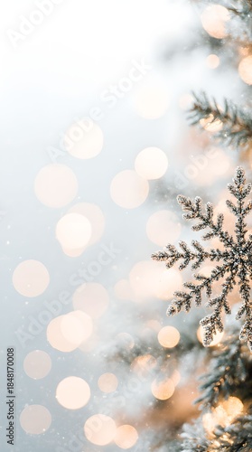 A bright decoration against a shining Christmas tree with bokeh background