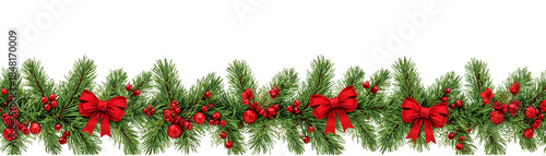 Fir tree branches with red ribbons isolated.
