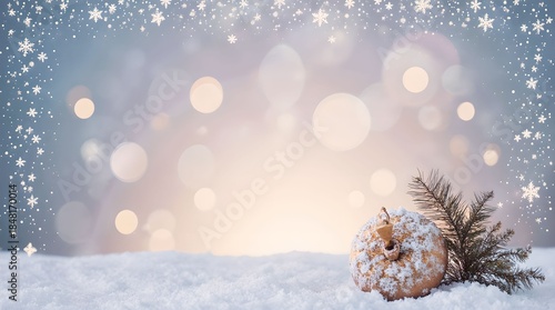 Christmas tree decorated with toys and snow on a blurred background, bokeh effect