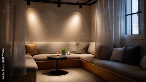 Cozy reading nook with soft lighting and cushioned seats designed for quiet zones emphasizing warmth and comfort in acoustic planning.