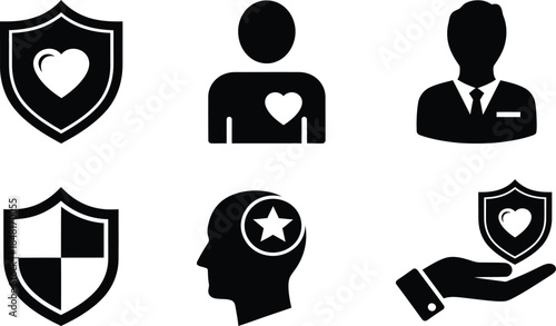 Icons representing protection, health, and care for individuals and assets