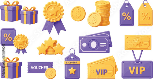 Collection of colorful icons representing rewards, discounts, and money for loyalty programs