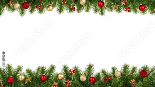 Christmas border with holly berries and fir branches decorated with baubles.
