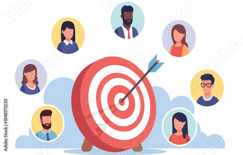 Targeted audience engagement concept with diverse people surrounding a bullseye