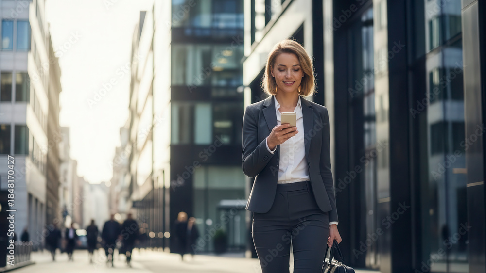 Fototapeta premium Confident young businesswoman in a suit walking purposefully through a sunny modern city street, smiling while checking her smartphone, representing urban professionalism and connectivity.