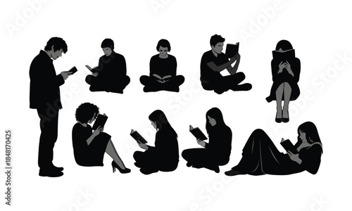 Collection of reading people silhouettes in various poses, sitting and standing figures holding books for education, study,  illustration projects