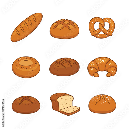 Cartoon Bread Types Grid Illustration on White Background