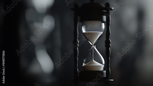 Time is fleeting. The image depicts an hourglass against a dark background, the grains of sand flowing, emphasizing the ephemeral nature of moments slipping away, loss, and mortality.