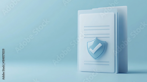 A minimalistic, blue-toned illustration. Document stack with a shield symbol. Represents safety, security, and compliance within business, law, or certification processes.