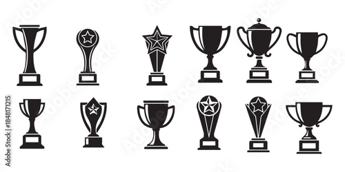 trophy cup champion award set collection pack bundle black shape icon silhouette vector flat illustration design on white background
