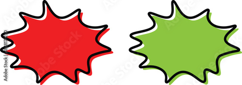 red and green comic starburst explosion shapes with black outlines for promotions isolated on white background.