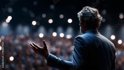 Engaging Public Speaker Captivating a Rapt Audience with Inspiring Presence, Charisma, and Confidence in a Lively Conference Setting Filled with Enthusiastic Listeners