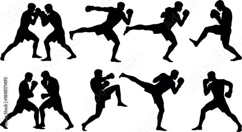 black silhouettes of people boxing and kicking each other