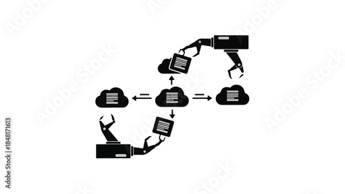 Robotic arm assembling computer parts in factory automation process with technology and manufacturing concept