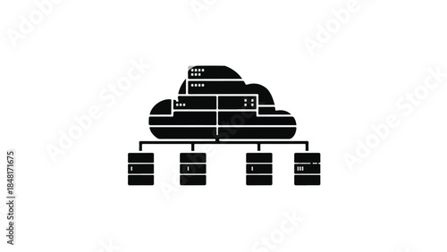 Cloud computing network infrastructure with connected databases and servers in black and white illustration for technology and data storage concept
