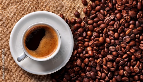 high quality image of top view of coffee cup and beans