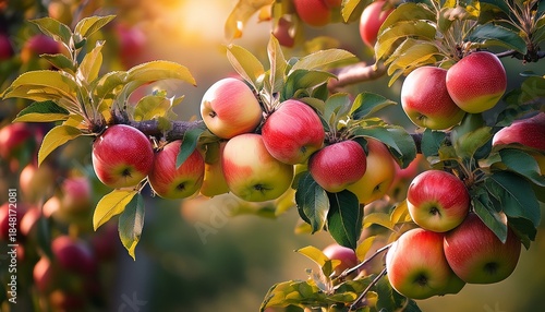 apple tree full of fruit the fruit are ripening and some have a red tint green leaves are on the branches the apples are hanging from the tree