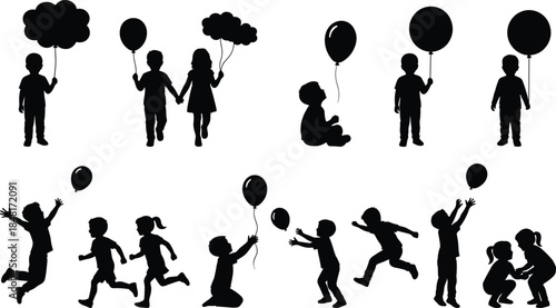 Children balloon silhouette set, playful kids vector, black flat icons, joyful movement, editable CAD drawing flat vector illustration