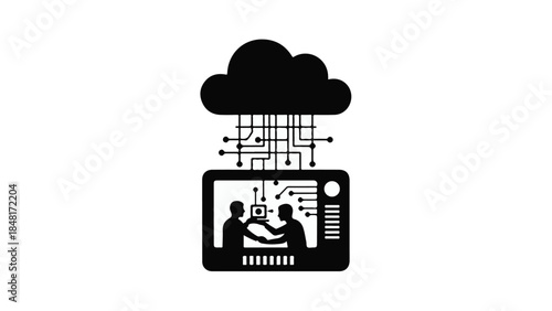 Cloud computing technology concept with person interacting on device, data transfer and online connectivity in modern digital illustration