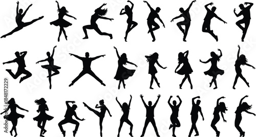 Dance silhouette collection, dynamic poses, ballet, freestyle, hip hop, vector illustration, black figures, expressive movement, isolated PNG, artistic motion