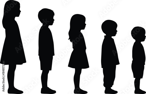 Children silhouettes, standing in row, height order, black vector, growth, age progression, posture, development, lifestyle, unity, education, childhood,