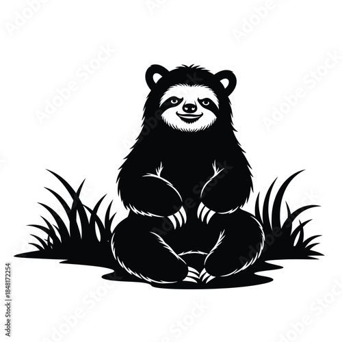 A sitting raccoon in a serene natural setting with grass