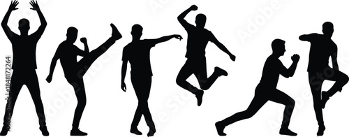 Dynamic human pose silhouette set, expressive movement vector, black flat icons, CAD drawing flat vector illustration for design