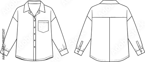 Technical flat sketch of long sleeve button-up shirt front and back viewsTechnical flat sketch of long sleeve button-up shirt front and back views