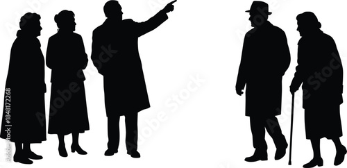 Elderly people silhouette vector set, senior citizens walking, standing, interacting, black flat icons, editable isolated design