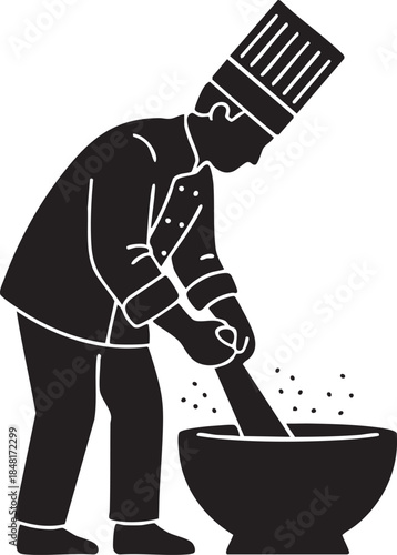Chef Grinding Ingredients Mortar and Pestle Downward Force Silhouettes isolated on white background