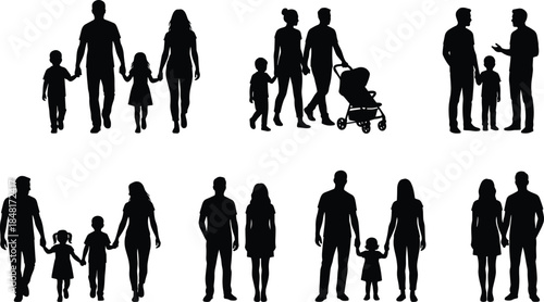Family silhouettes, diverse parenting, walking together, holding hands, black vector, unity, relationship, love, bonding, lifestyle, happiness, parenting