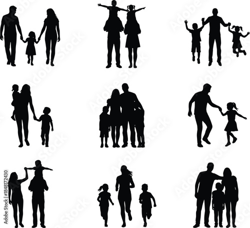 Family silhouettes, parents and children, walking, playing, running, bonding, black vector, love, care, affection, unity, lifestyle, parenting, interaction