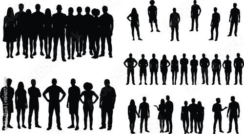Group people silhouette vector set, casual social poses, diversity theme, black flat icons, editable isolated design