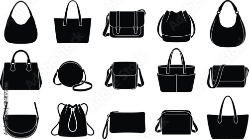 Handbag silhouette vector set, fashion bag styles, tote, clutch, crossbody, satchel, black flat icons, editable isolated design