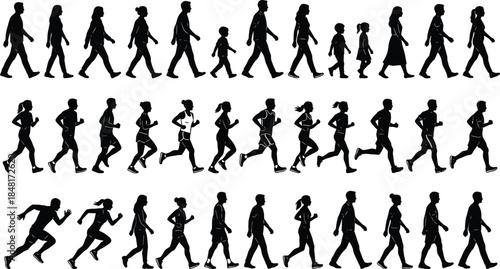Human movement silhouette set, walking jogging sprinting vector, black flat icons, editable CAD drawing flat vector illustration for design