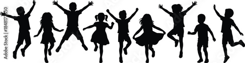 Jumping children silhouette set, playful kids vector, black flat icons, joyful movement, editable CAD drawing flat vector illustration
