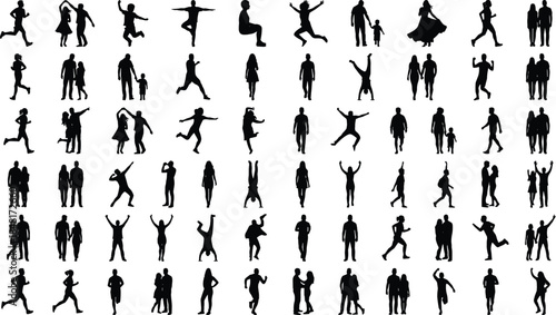 Human silhouettes, running, walking, dancing, yoga, handstand, interaction, black vector, posture, movement, lifestyle, gesture, fitness, activity, communication