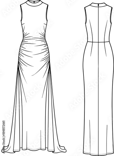 Technical flat sketch of sleeveless evening gown front and back views,Technical flat sketch of sleeveless evening gown front and back views,