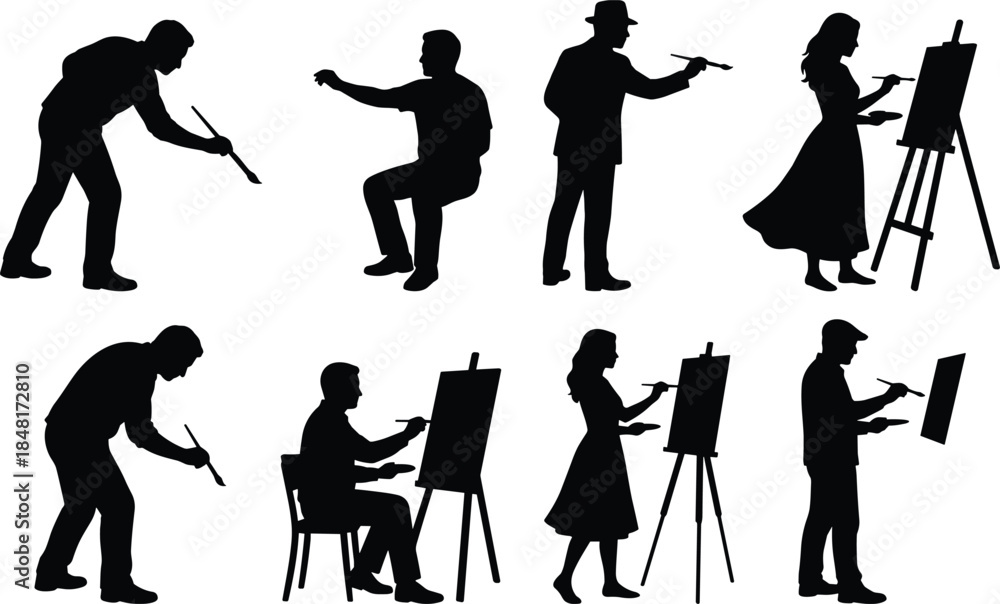 Obraz premium Painting people silhouette set, artist pose vector, black flat icons, creative moment, CAD drawing flat vector illustration