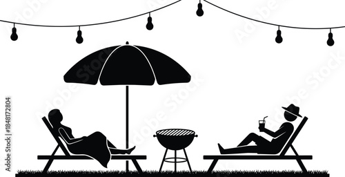 Outdoor relaxation silhouette scene, summer leisure vector, black flat icons, backyard chill, CAD drawing flat vector illustration